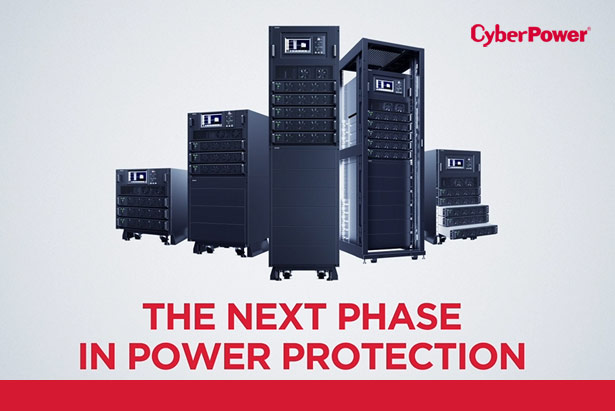 Five 3-Phase Modular UPS Systems displayed with two smallest on outside, largest on inside. CyberPower - The Next Phase In Power Protection